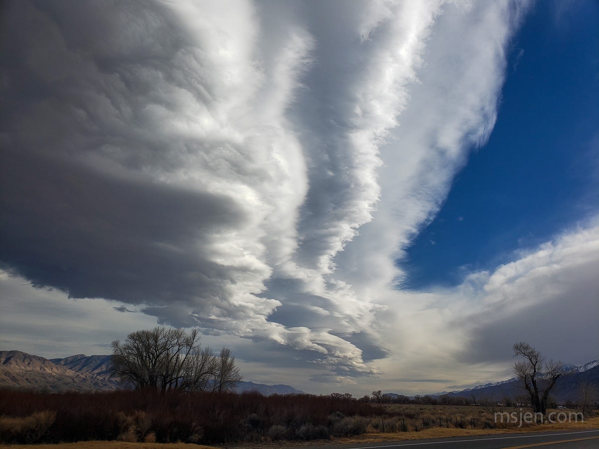A photo of the winter sky south of US Hwy 6 where most of the photo is the sky with a striking Sierra Wave set of cloud layers demarcating the line between a weather front and a winter storm to the west. Photo by Jenifer Hanen.