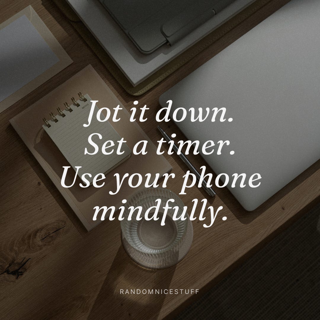 A minimalist workspace with a motivational quote about mindful phone usage overlaid on a wooden desk setup.