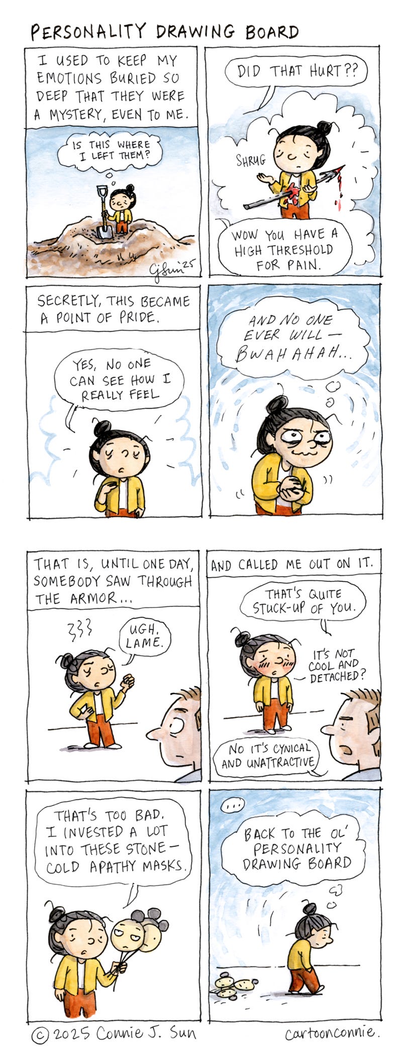 2-page comic strip about the masks we wear when haven't learned how to recognize our feelings and process our emotions. A cartoon girl with a bun appears insensate to pain until somebody sees through the mask and calls her out. Titled "Personality Drawing Board," by Connie Sun, cartoonconnie, 2025. Ink and watercolor on paper.