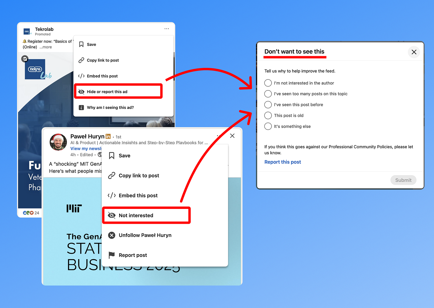mark linkedin posts as not interesting