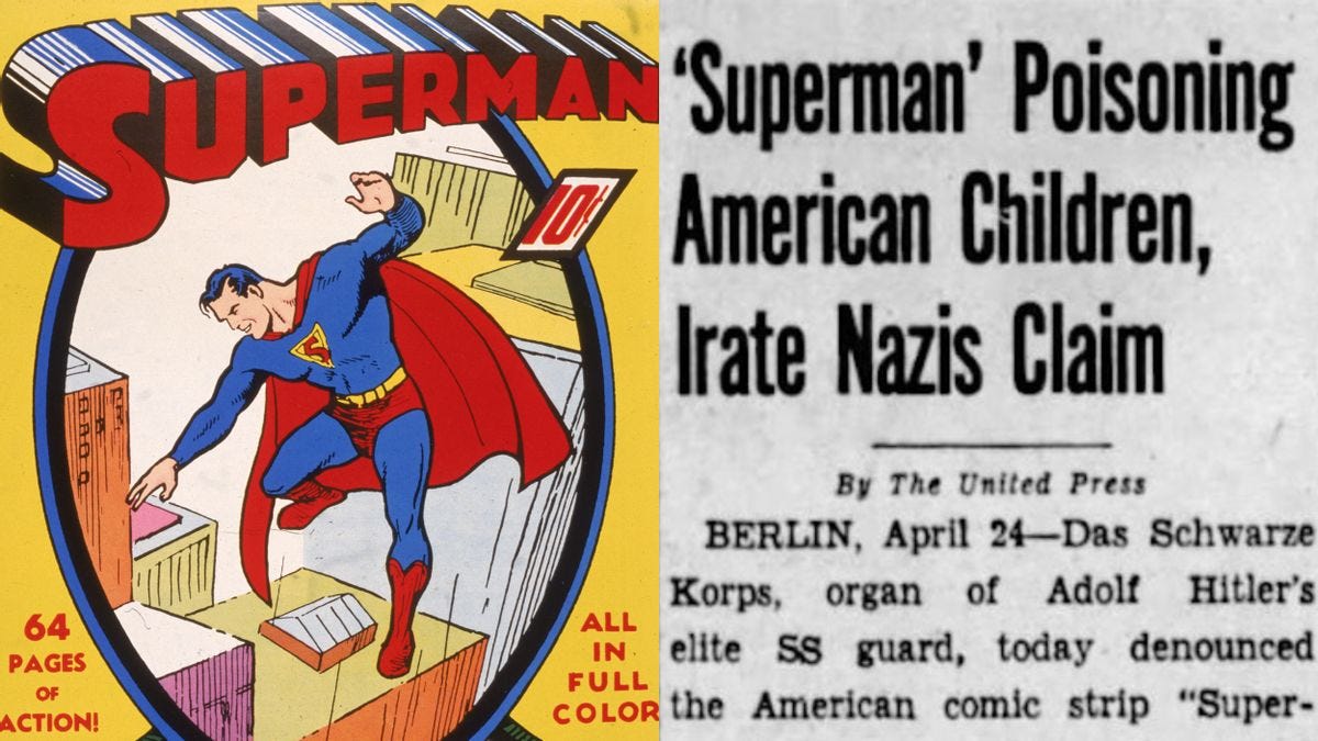 A newspaper clipping with the headline "Superman poisoning American children, irate Nazis claim" A newspaper clipping with the headline "Superman poisoning American children, irate Nazis claim"