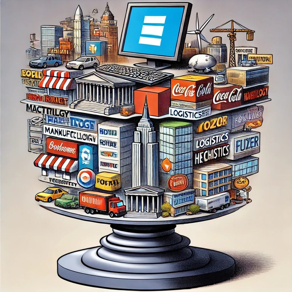 A political cartoon-style illustration of a diverse, bustling economy, featuring various business types such as retail, manufacturing, technology, logistics, healthcare, and finance, all stacked together on a wide pedestal or base. The pedestal tapers dramatically down to a tiny, delicate point, humorously depicted as a sign-up form from a B2B software platform. The exaggerated visual metaphor underscores how critical yet seemingly minor software interfaces support and underpin entire complex economies. Use humor, exaggerated features, and vibrant cartoon elements to highlight the satirical message.