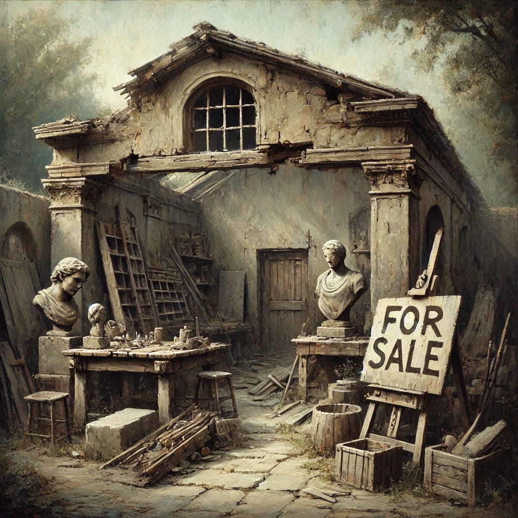 An oil painting-style depiction of a dilapidated and abandoned sculptor's workshop. The structure is aged and weathered, with cracked walls, broken windows, and overgrown vegetation creeping into the space. Scattered tools, wooden workbenches, and dust-covered stone blocks sit untouched, emphasizing the sense of abandonment. A hastily made 'For Sale' sign, slightly crooked and worn, stands prominently in front of the workshop, evoking urgency and loss. The painting has vague, impressionistic details, using a moody color palette of deep browns, grays, and faded ochres. There are NO human figures or sculptures of people—only the empty workshop and tools.