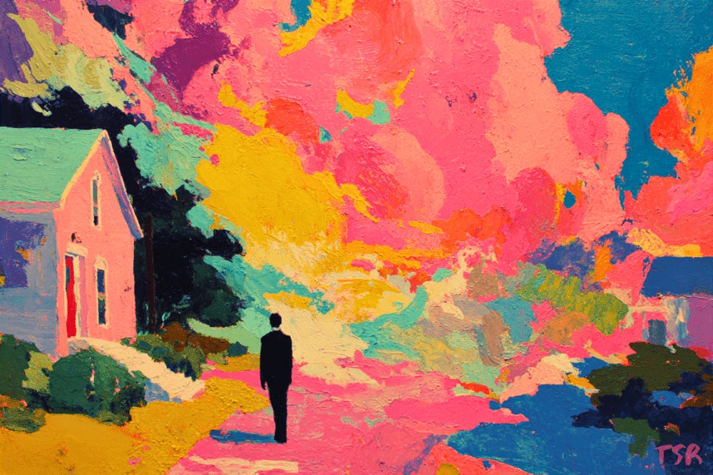 A lone figure gazes at a dreamlike horizon where pink, yellow, and blue clouds swirl and blur, partially veiling the scene before him.