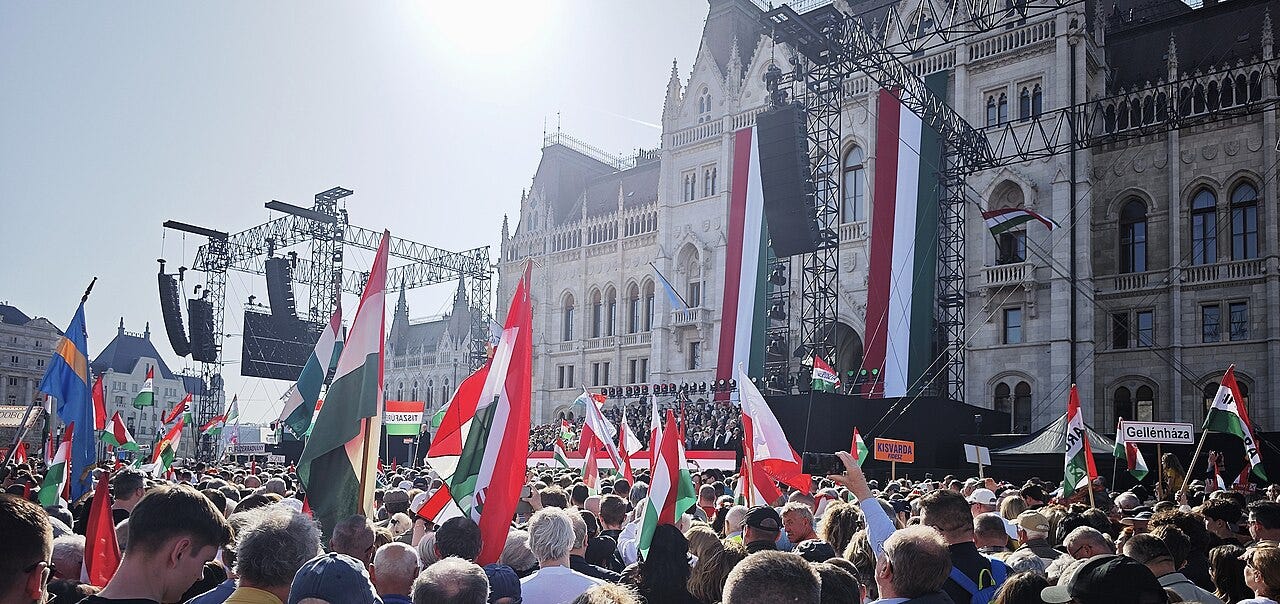 Supporters gather in Kossuth Square during Viktor Orbán’s March 15, 2026 rally in Budapest. Supporters gather in Kossuth Square during Viktor Orbán’s March 15, 2026 rally in Budapest.