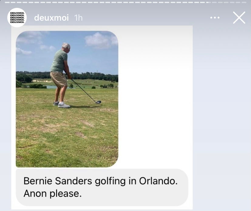 Deux Moi Instagram Story about Bernie Sanders golfing Deux Moi Instagram Story about Bernie Sanders golfing