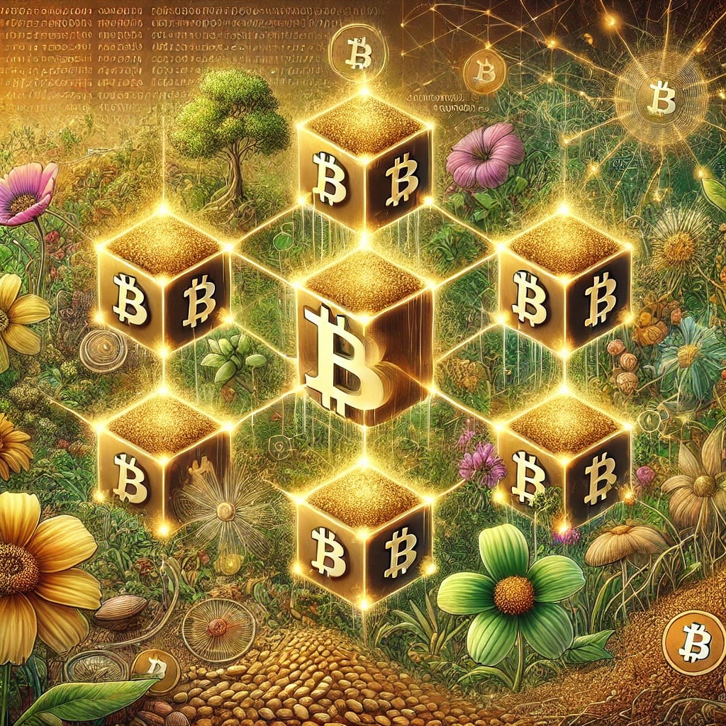 A detailed and artistic representation of the Seedchain concept inspired by Bitcoin's principles. The image features interconnected golden blocks representing the blockchain, seamlessly transitioning into a lush, vibrant garden filled with diverse seeds and plants symbolizing the Seedchain. Each block has a timestamp and cryptographic hash subtly inscribed, emphasizing Bitcoin's timechain principles. Surrounding the garden are symbols of decentralization, resilience, and transparency, such as nodes, interconnected roots, and rays of light. The background is a blend of earthy tones and futuristic elements, representing the intersection of technology and nature.