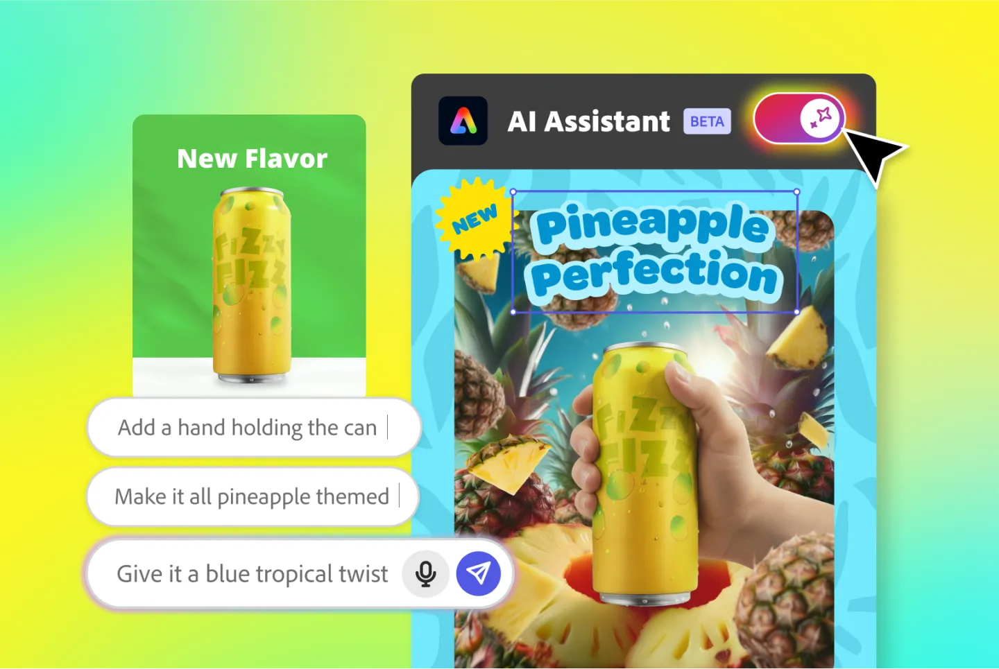 The Adobe Express AI Assistant interface showing a beverage can design being transformed from a simple product shot into a tropical pineapple-themed promotional image using natural language prompts.