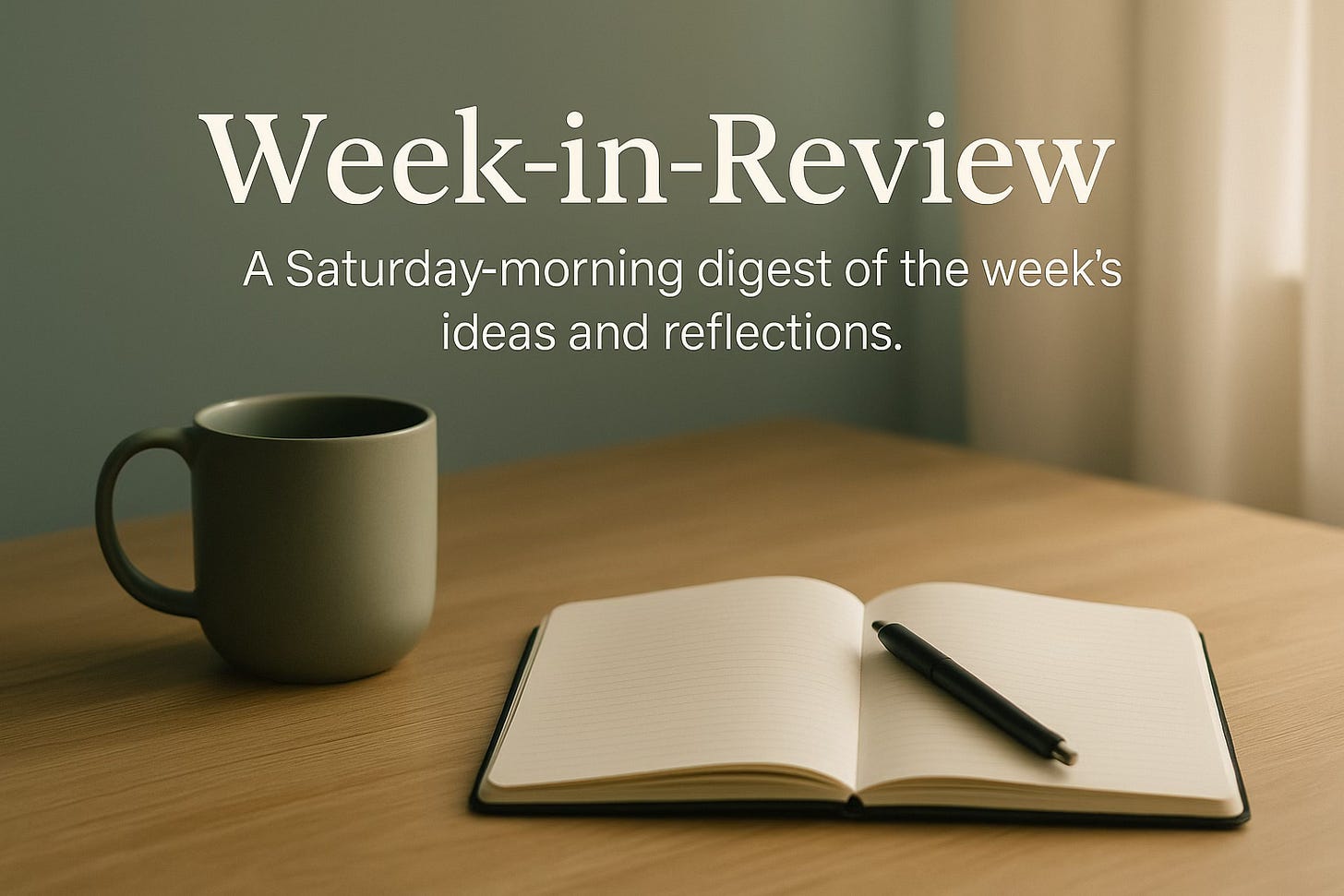 Minimalist photo of a sage-green coffee mug and open notebook on a wooden table in soft morning light, with the words “Week-in-Review: A Saturday-morning digest of the week’s ideas and reflections.”