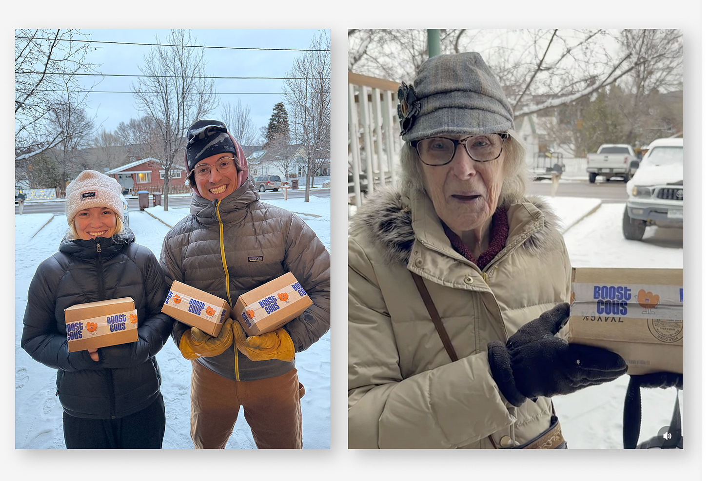 Two photos: Left, a couple holding Boostcous boxes on a snowy street. Right, an elderly woman holding a Boostcous box outdoors in winter. Two photos: Left, a couple holding Boostcous boxes on a snowy street. Right, an elderly woman holding a Boostcous box outdoors in winter.