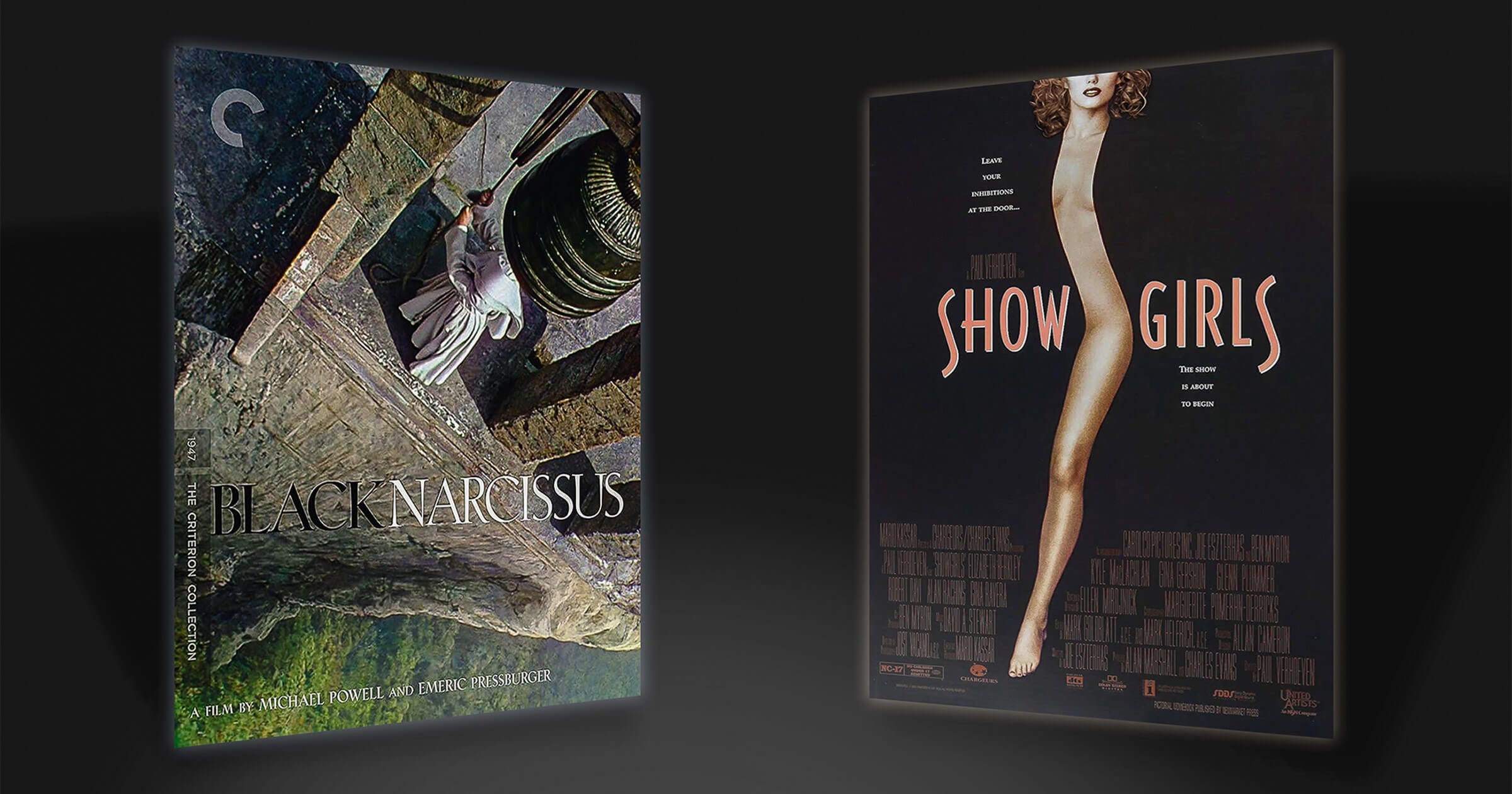 Side-by-side film posters of Black Narcissus and Showgirls appear angled toward each other, as if in conversation.