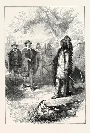 El peregrino Edward Winslow visita a Massasoit, el Sachem (o líder) de la Confederación Wampanoag.