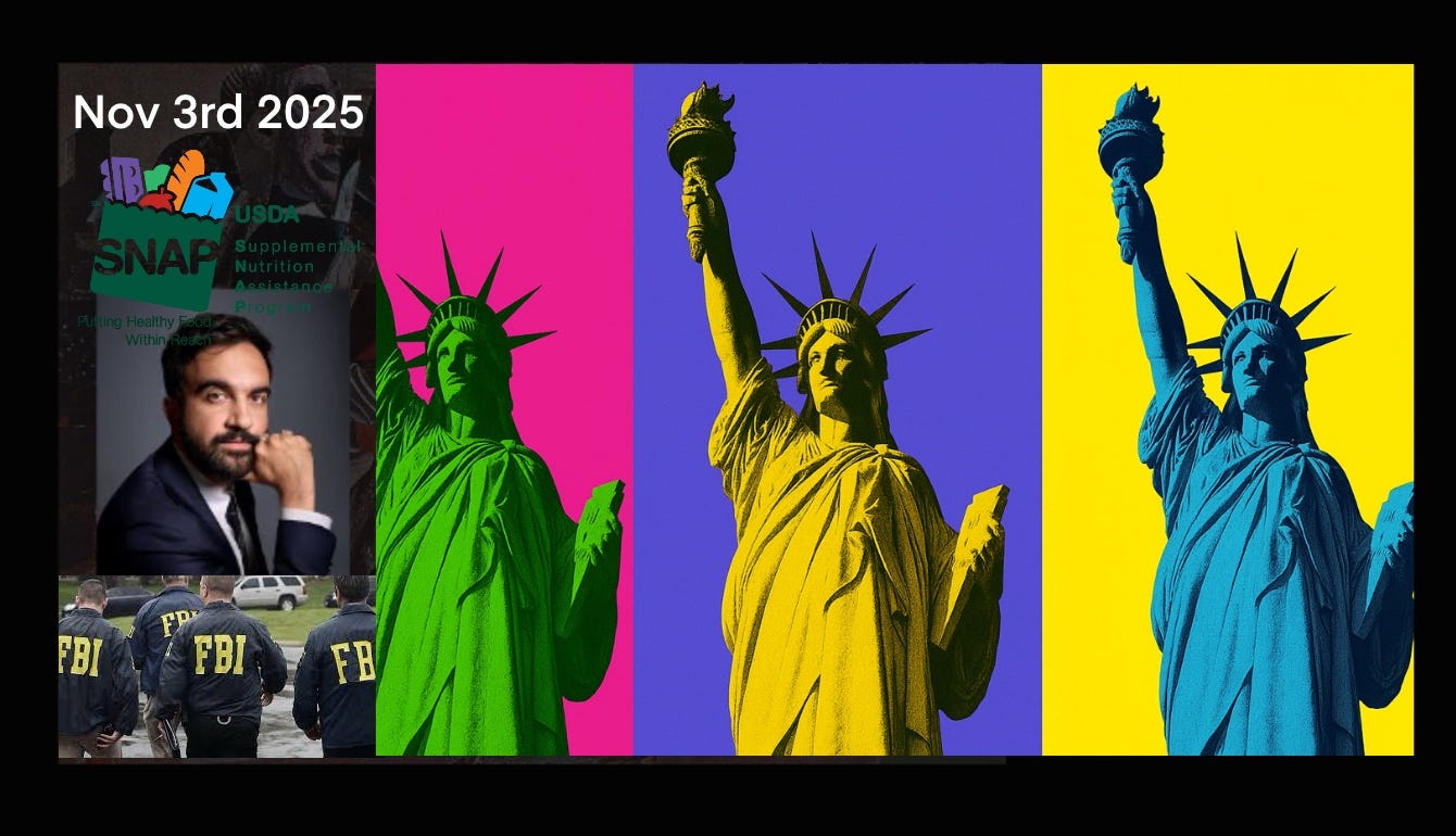 Alt text (no name): “Collage dated ‘Nov 3, 2025’ with a large SNAP logo, a studio headshot of a suited man, Zorhan Mamdani, a small photo of FBI agents in yellow-lettered jackets, and three pop-art Statues of Liberty
