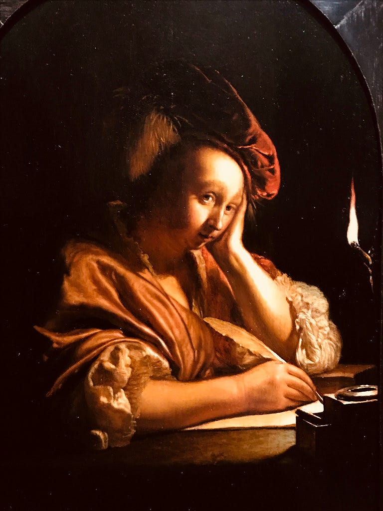 Femme écrivant une lettre [Woman Writing a Letter by Candlelight] by Frans van Mieris the Elder, 1670