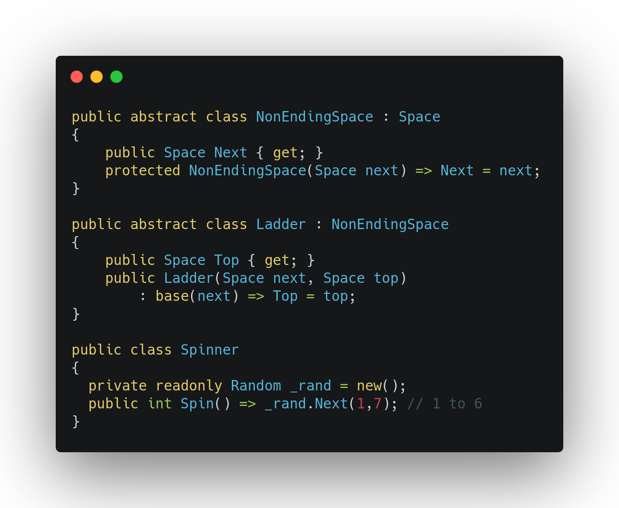 declares a type non ending space which is a sub type of space, and has a property of type space, called next. declares a type called ladder which is a sub type of non ending space and has a property of type space called top. declares a type call spinner which has a method called spin, which returns a random integer between 1 and 6
