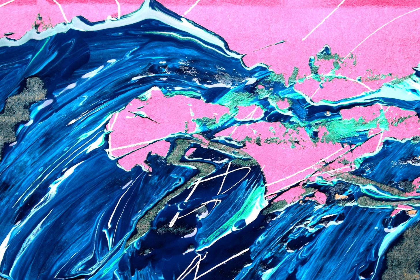 An aggressive blue wave surging against a bold pink backdrop.