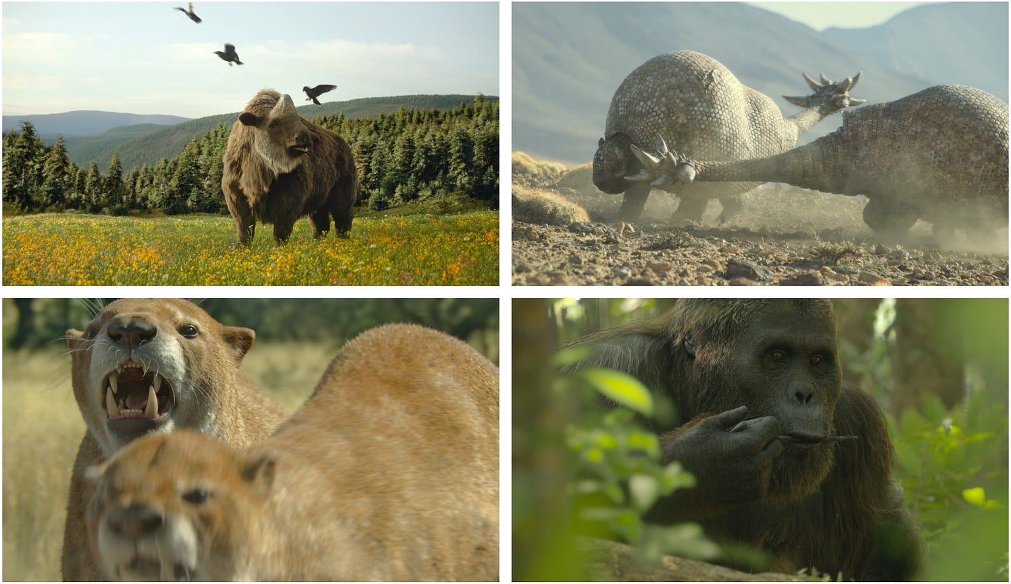Four images from Grass Lands. Elasmotherium being harassed by crows, Doedicurus swinging their tail clubs at each other, a pair of Enhydriodon, and Gigantopithecus eating ants from a twig.