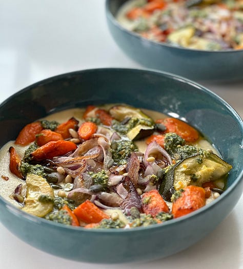 polenta with roasted veg and a creamy romeso sauce with roasted cauliflower
