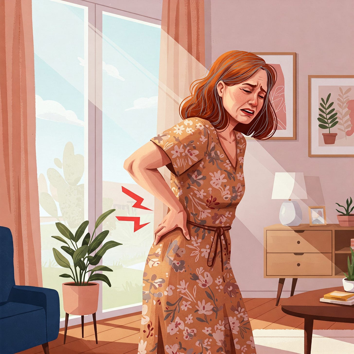 A middle-aged woman in her home and suffering from back pain