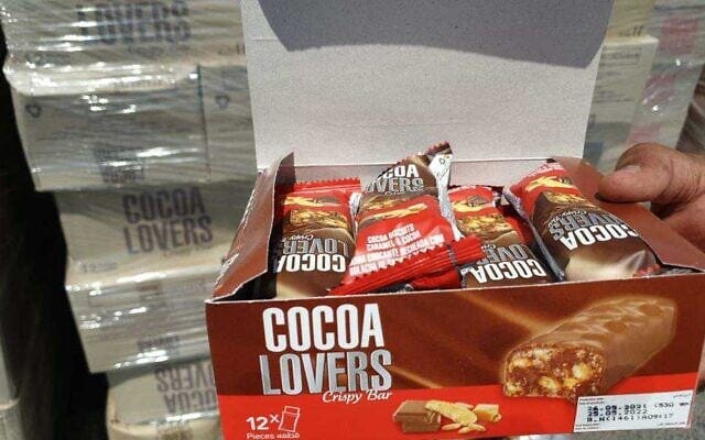 Chocolate bars seized by Israel at the Nitzana border crossing with Egypt that Israeli officials said were being imported into Gaza by front companies for Hamas and whose sale profits would go to fund the terror group's military wing, August 16, 2021. (Defense Ministry)