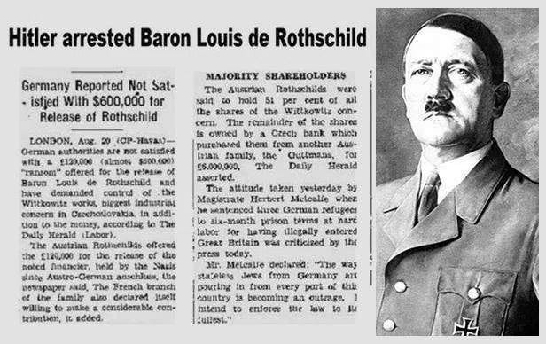 Newspaper report documenting Adolf Hitler’s arrest of Baron Louis de Rothschild following Nazi Germany’s annexation of Austria in 1938, marking the beginning of the confiscation of the Austrian Rothschild banking empire.