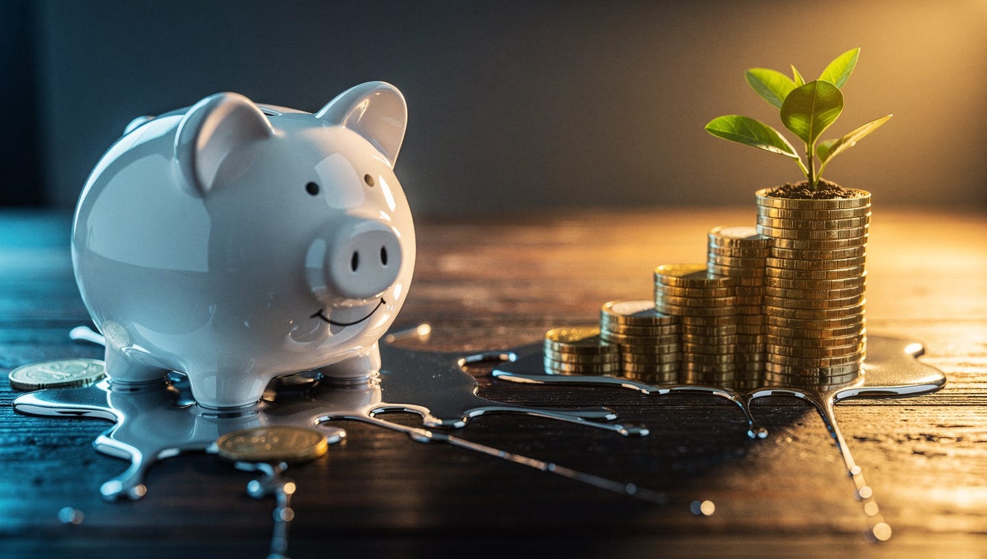 Realistic professional editorial photography for a finance blog header. Close-up of a white ceramic piggy bank on a dark wooden table, with euro coins melting like ice, slowly dripping and shrinking on the surface. In the blurred background, a small plant growing from a stack of coins arranged in an ascending staircase shape, warm light illuminating it as a symbol of growth. Soft dramatic studio lighting, contrast between cold light on the piggy bank (representing loss) and warm light on the plant (representing growth). Macro photography, shallow depth of field, high resolution, financial photojournalism style, desaturated colors on the left side, vibrant saturated colors on the right side. No text, no logos, 16:9 horizontal format, suitable for a blog header. Realistic professional editorial photography for a finance blog header. Close-up of a white ceramic piggy bank on a dark wooden table, with euro coins melting like ice, slowly dripping and shrinking on the surface. In the blurred background, a small plant growing from a stack of coins arranged in an ascending staircase shape, warm light illuminating it as a symbol of growth. Soft dramatic studio lighting, contrast between cold light on the piggy bank (representing loss) and warm light on the plant (representing growth). Macro photography, shallow depth of field, high resolution, financial photojournalism style, desaturated colors on the left side, vibrant saturated colors on the right side. No text, no logos, 16:9 horizontal format, suitable for a blog header.