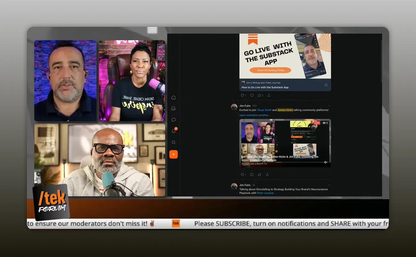 Clear screenshot showing three stream participants on the left and a Substack post titled 'Go Live with the Substack App' on the right
