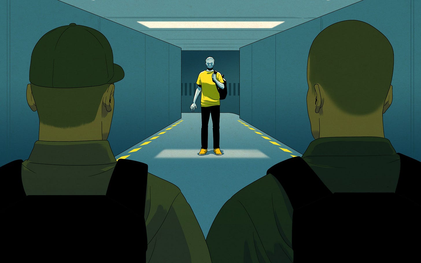Illustration of the protagonist being detained by U.S. Customs and Border Protection