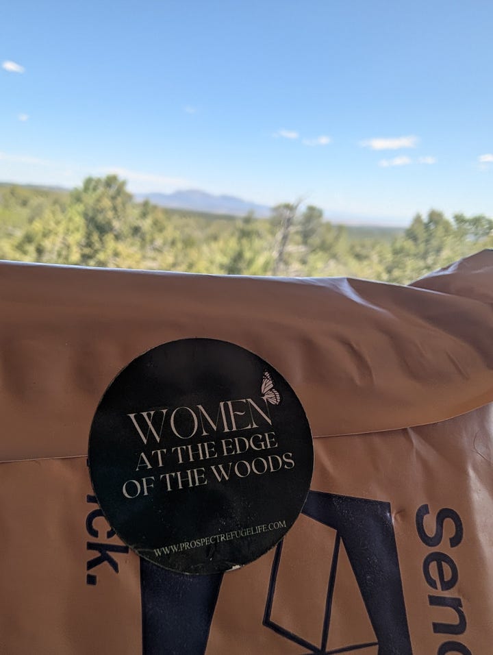 Images of the contents of a packaged labeled "Women at the Edge of the Woods." The package is sealed with a red wax seal. Inside there are colored pencils, a journal and a spiral-bound workbook.