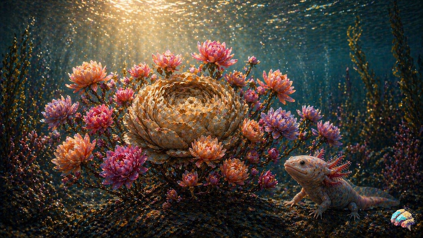 A serene underwater scene shows a large, layered central flower surrounded by clusters of smaller, colourful blossoms growing outward from it. Soft beams of sunlight filter through the water above, illuminating the composition, while a small axolotl looks on nearby, symbolising gradual growth and renewal built upon what already exists.