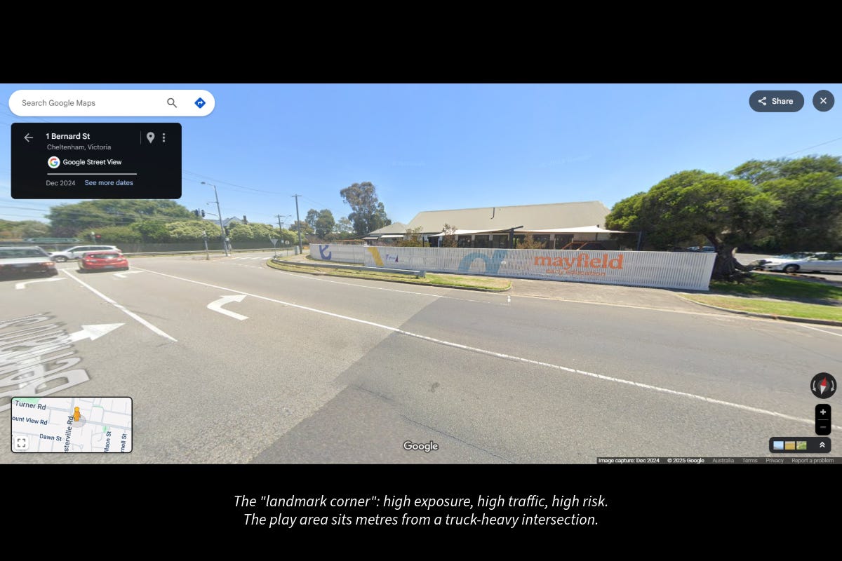 Aerial and street views of 1A Bernard Street, Cheltenham — a childcare centre surrounded by high-traffic intersections and heavy vehicle routes.