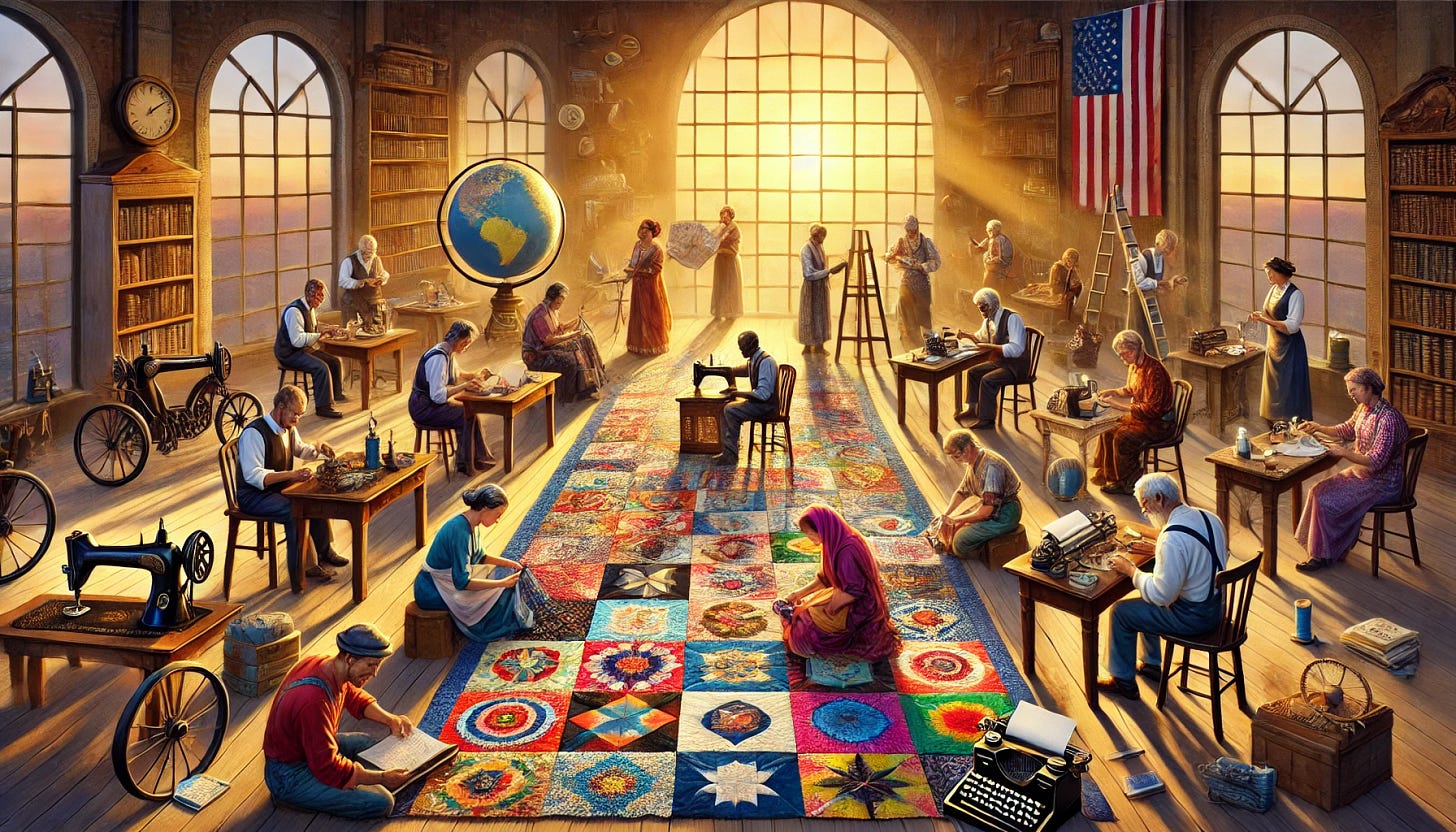 A diverse group of people work together, sewing patches on a colorful quilt in a cozy room lit by golden hour sunlight, blending old items and new devices to symbolize global harmony through teamwork.