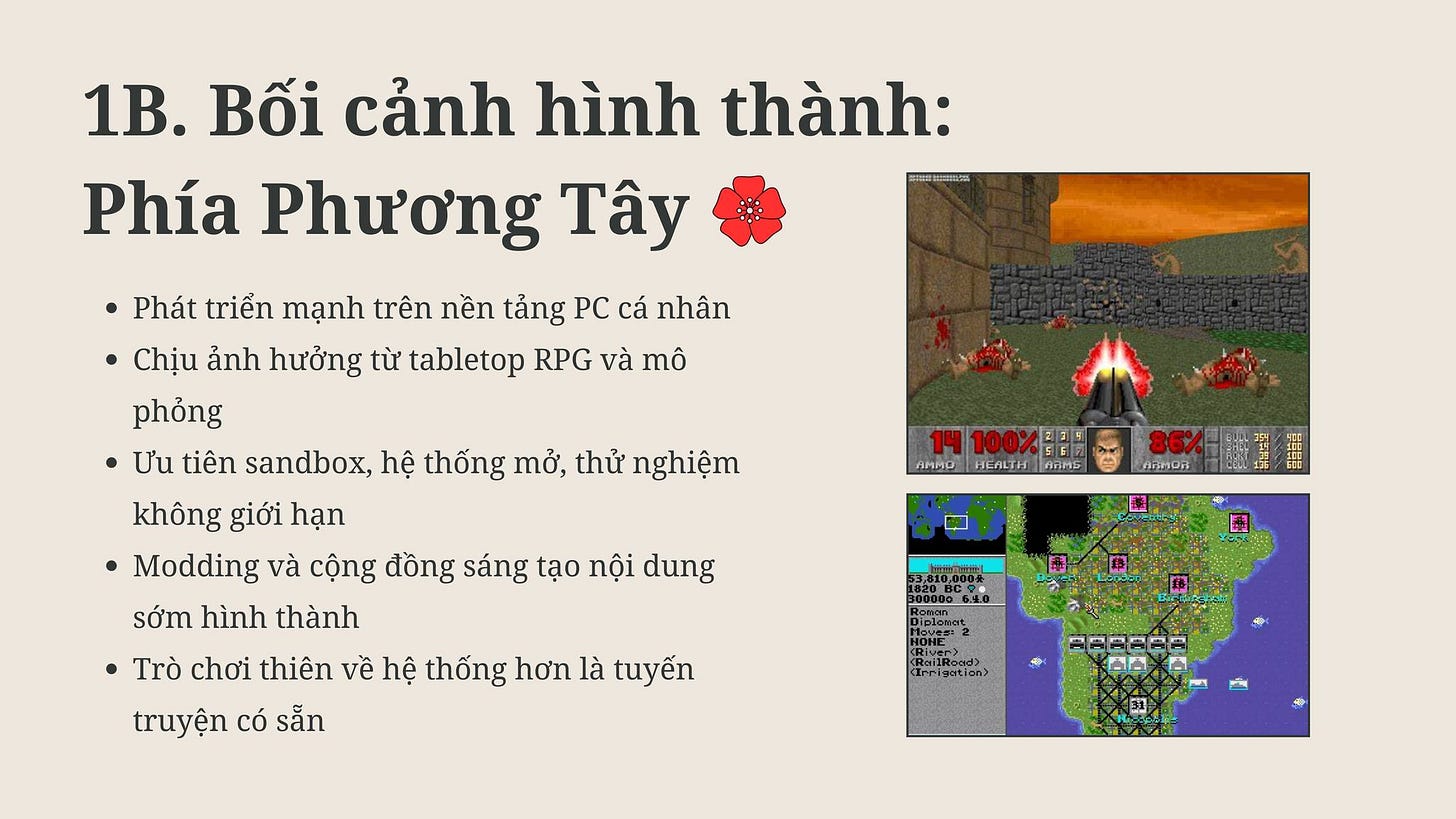 May be an image of text that says '1B. Bối cảnh hình thành: Phía Phương Tây Phát triển mạnh trên nền tảng PC cá nhân Chịu ảnh hưởng từ tabletop RPG và mô phỏng Ưu tiên sandbox, hệ thống mở, thử nghiệm không giới hạn ·Modding và cộng đồng sáng tạo nội dung sớm hình thành Trò chơi thiên về hệ thống hơn là tuyến truyện có sẵn 14100% 1100%用86% 14 86% AMMO HEALTH ARMS noMoB GF RoilBocd> Inrigation) AAAAAA AA' May be an image of text that says '1B. Bối cảnh hình thành: Phía Phương Tây Phát triển mạnh trên nền tảng PC cá nhân Chịu ảnh hưởng từ tabletop RPG và mô phỏng Ưu tiên sandbox, hệ thống mở, thử nghiệm không giới hạn ·Modding và cộng đồng sáng tạo nội dung sớm hình thành Trò chơi thiên về hệ thống hơn là tuyến truyện có sẵn 14100% 1100%用86% 14 86% AMMO HEALTH ARMS noMoB GF RoilBocd> Inrigation) AAAAAA AA'