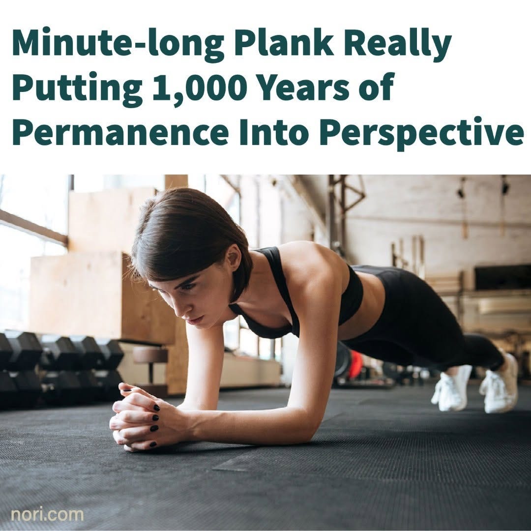 Headline: "Minute-long Plank Really Putting 1,000 Years of Permanence Into Perspective", above a photo of a woman straining in a plank on a gym floor.