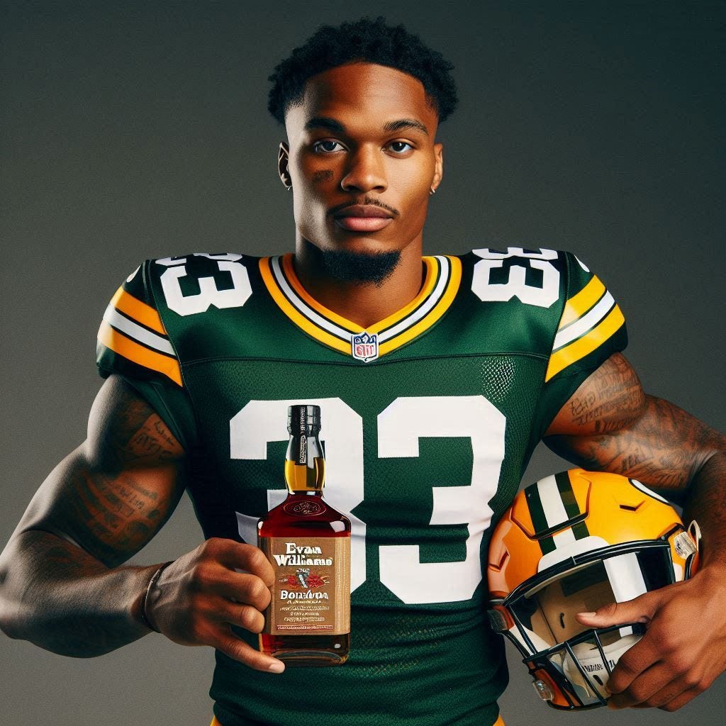 a player wearing jersey #33 on the green bay packers holding a bottle of Evan Williams bourbon