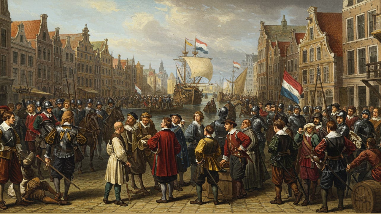 Dutch soldiers, merchants, and citizens fill a bustling 17th-century canal-side city as ships fly the Dutch tricolor. Armed guards and civilians engage in tense conversation, symbolizing revolt and assertion of independence. This vivid street scene captures the Dutch Republic’s rise during its war of liberation from Spanish rule.