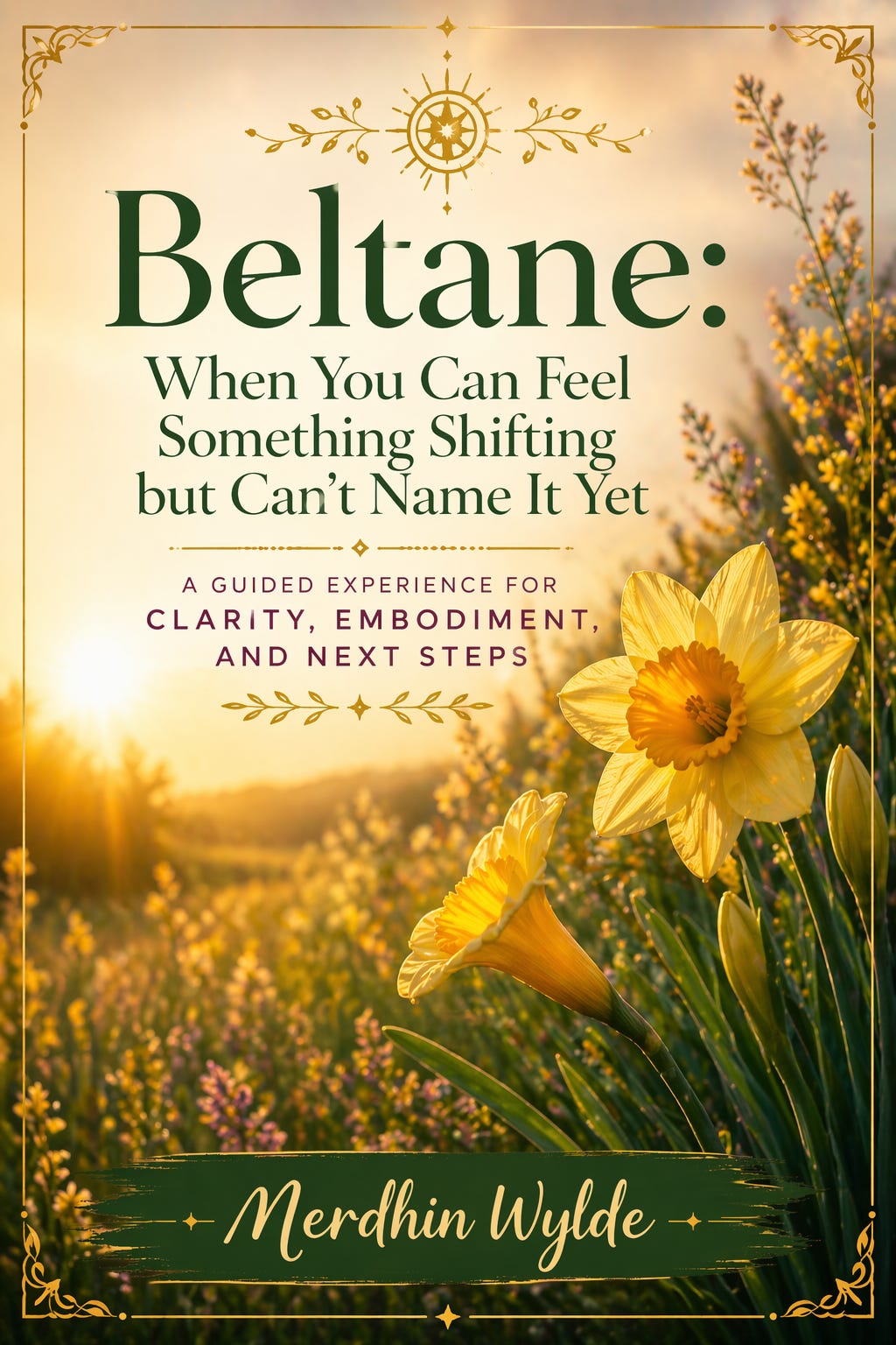 Portrait-style cover in warm golden light, featuring yellow daffodils and trumpet-shaped flowers in a glowing meadow at sunrise or sunset. Ornamental gold borders frame the image. The text reads, “Beltane: When You Can Feel Something Shifting but Can’t Name It Yet” with the subtitle, “A guided experience for clarity, embodiment, and next steps,” and “Merdhin Wylde” at the bottom on a dark green brushstroke banner. Portrait-style cover in warm golden light, featuring yellow daffodils and trumpet-shaped flowers in a glowing meadow at sunrise or sunset. Ornamental gold borders frame the image. The text reads, “Beltane: When You Can Feel Something Shifting but Can’t Name It Yet” with the subtitle, “A guided experience for clarity, embodiment, and next steps,” and “Merdhin Wylde” at the bottom on a dark green brushstroke banner.