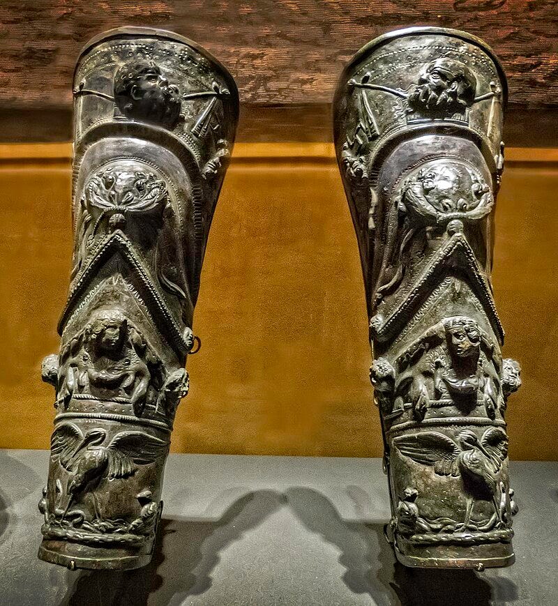 Ornate gladiator shin guards from Pompeii