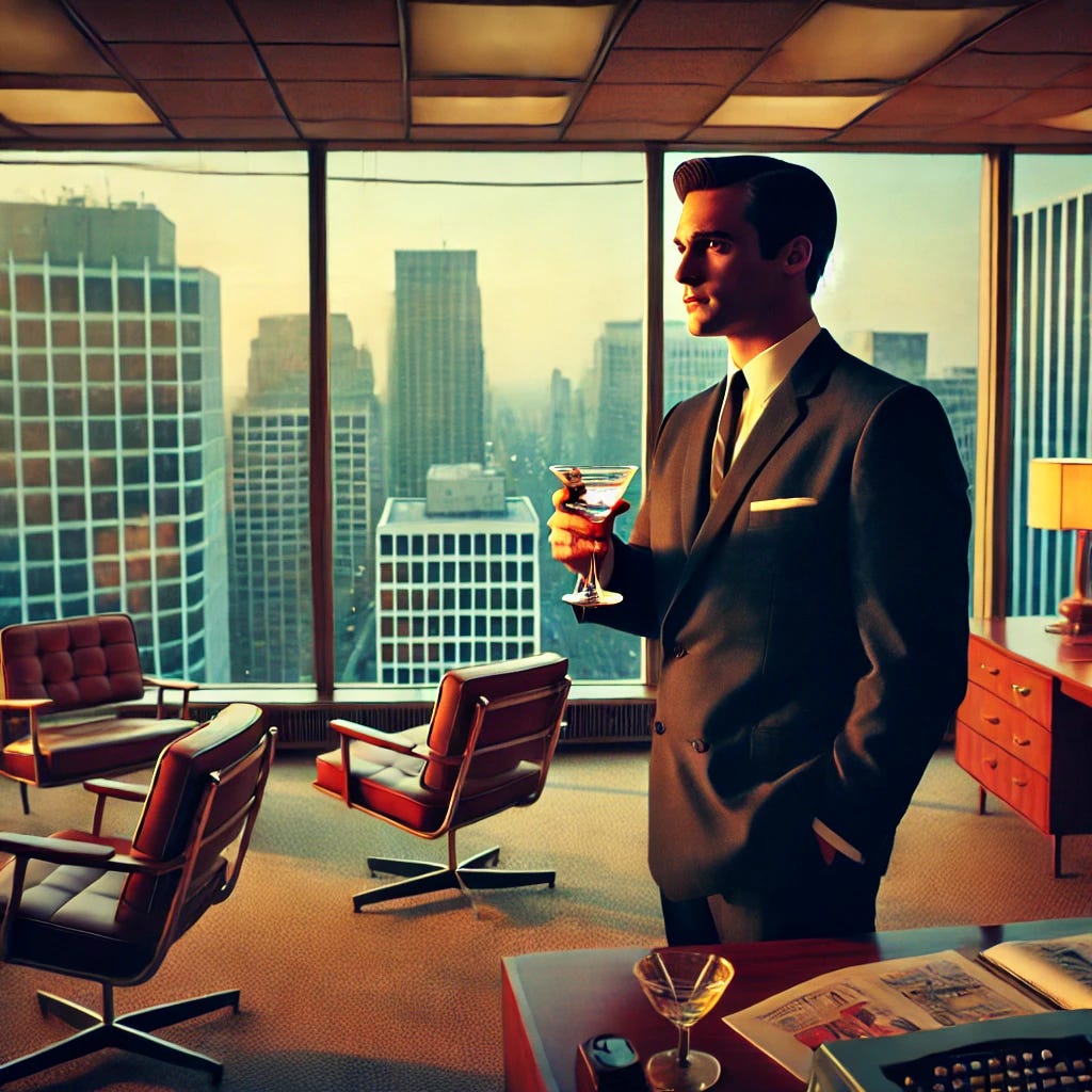 A Mad Men-era advertising executive standing in a high-rise commercial building, looking out the large window over a cityscape. He is dressed in a classic tailored suit, holding a martini glass in each hand. The office is furnished in a vintage 1960s style, with wooden desks, leather chairs, and mid-century decor. The scene has a nostalgic, glamorous feel with soft evening light coming through the windows, reflecting the executive's contemplative yet indulgent mood as he gazes over the city.