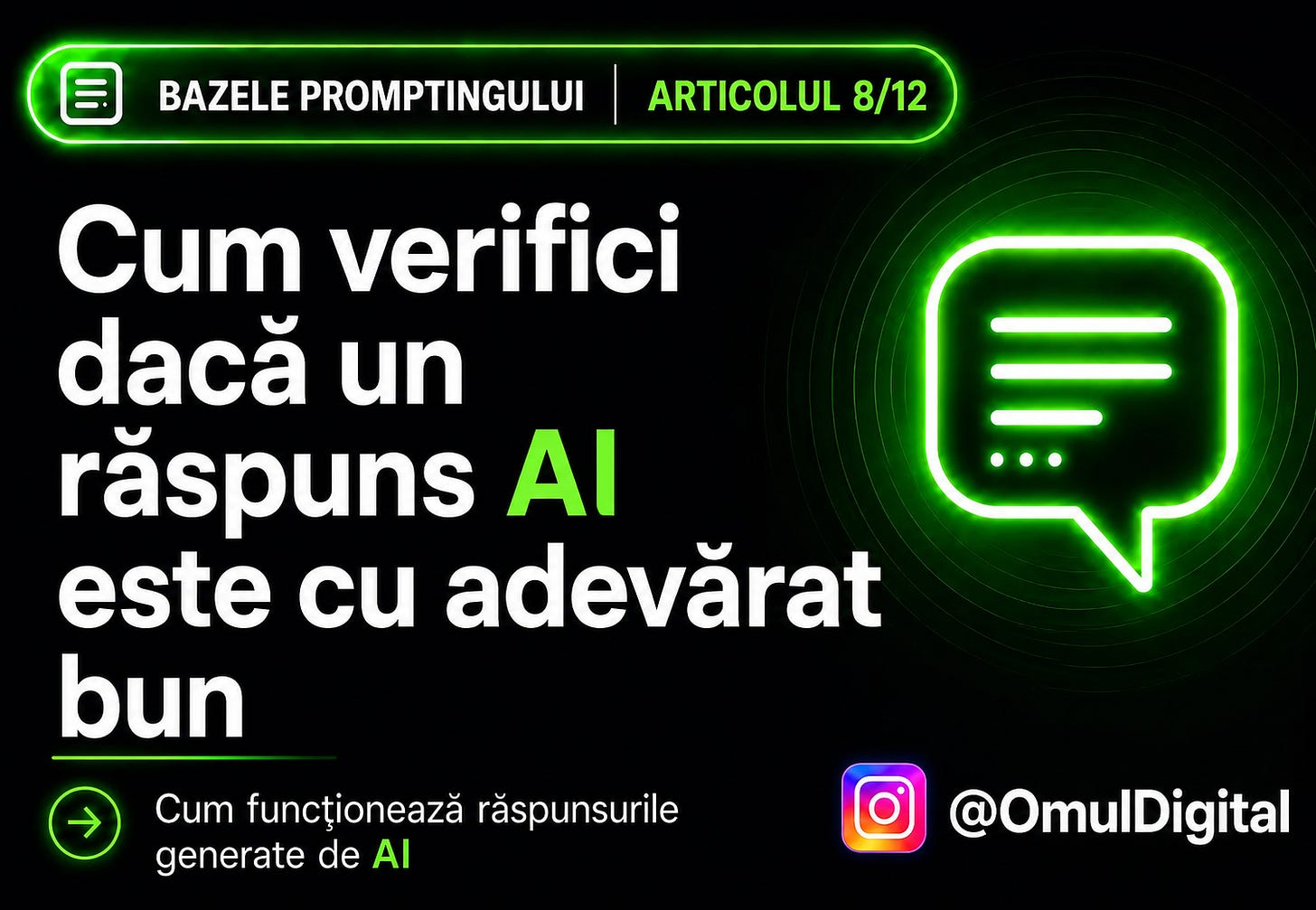 Cover pentru seria „Bazele promptingului” de la Omul Digital, cu titlul articolului, icon de chat și design mov dedicat materialelor despre prompt engineering.
