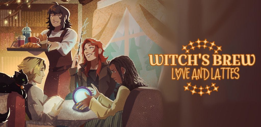 The cover art of Witches Brew Love and Lattes showing magic users in a coffee shop holding wands and a crystal ball. The waiter or waitress holds a tray of snacks and a black cat is visible to the left side The cover art of Witches Brew Love and Lattes showing magic users in a coffee shop holding wands and a crystal ball. The waiter or waitress holds a tray of snacks and a black cat is visible to the left side