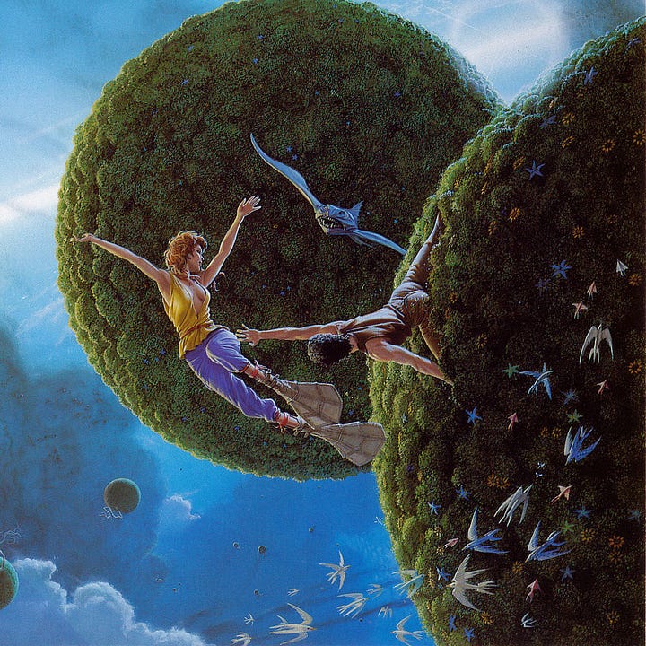 LEFT: Background detail from THE SMOKE RING featuring a dark cloud that flows like soup. Several small clusters of plant matter have a single rootlike tentacle growing out of them. Several buildings in various extended cube arrangements float past the darkness. RIGHT: Figure detail fromTHE SMOKE RING featuring a man reaching out from a spherical puffball of plant matter to grab at a woman with swim flippers floating gravity free. A fishlike creature with wings glides above them. Aliens birds with four wings approach the sphere, possibly attracted by the starfish like organisms on its surface.