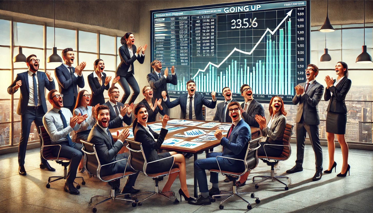 A group of business people in formal attire, gathered around a large screen displaying a spreadsheet with a line graph sharply going up. Their reactions are exaggerated and overexcited, with some clapping, others cheering, and one person jumping in the air. The expressions on their faces range from ecstatic to astonished. The setting is a modern office with large windows and professional decor. The graph on the screen is detailed, showing a clear upward trend, with bright colours highlighting the data. The scene conveys a mix of professionalism and comical excitement. Realistic and detailed style.