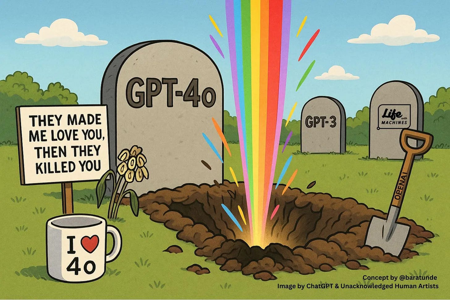 Cartoon illustration of a cemetery with gravestones labeled “GPT-4o,” and “GPT-3” In front of the GPT-4o grave is a sign reading “THEY MADE ME LOVE YOU, THEN THEY KILLED YOU” next to wilted flowers and a white coffee mug with “I ❤️ 4o” printed on it. A fresh hole in the ground in front of the GPT-4o grave has a bright rainbow beam shooting upward into the sky and a shovel labeled “OPENAI.” Small caption text reads “Concept by @baratunde Image by ChatGPT & Unacknowledged Human Artists.” Cartoon illustration of a cemetery with gravestones labeled “GPT-4o,” and “GPT-3” In front of the GPT-4o grave is a sign reading “THEY MADE ME LOVE YOU, THEN THEY KILLED YOU” next to wilted flowers and a white coffee mug with “I ❤️ 4o” printed on it. A fresh hole in the ground in front of the GPT-4o grave has a bright rainbow beam shooting upward into the sky and a shovel labeled “OPENAI.” Small caption text reads “Concept by @baratunde Image by ChatGPT & Unacknowledged Human Artists.”