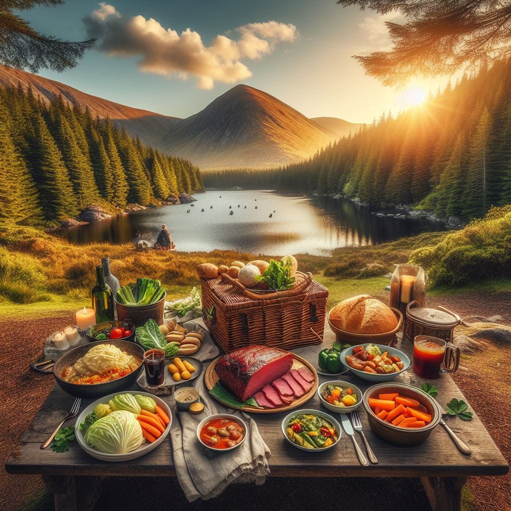 a wide-angle, high resolution photo image of country-side in Ireland, with a lake, forest, and sunset with a St. Patrick's Day traditional picnic setup for a feast and celebration with Corned Beef and Cabbage, slow-cooked with cabbage, carrots, and potatoes, Irish Stew, with a deep and robust flavor, and Irish Shepherd’s Pie
