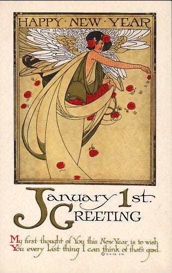 This may contain: an advertisement for the new year's greeting card, featuring an angel holding a flower