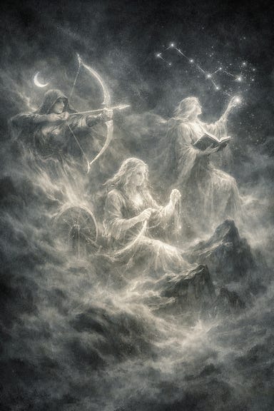 The Ladies Three in a flashback vision, three luminous mythic figures emerging from swirling mist, rendered like an ancient memory; the Huntress with a moonlit bow, the Weaver spinning silver thread from starlight, the Seeker reading constellations from a high peak; ethereal, glowing, half‑formed silhouettes against a starless sky, Barovian Gothic atmosphere