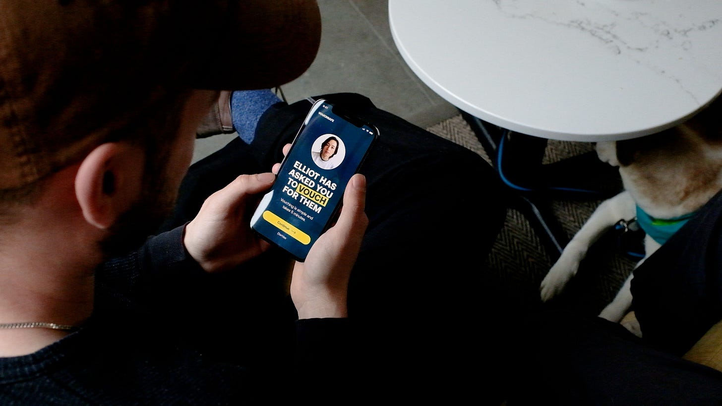 A different mobile phone user on a Vouchsafe screen with a picture of someone, with the text "Elliot has asked you to vouch for them" beneath