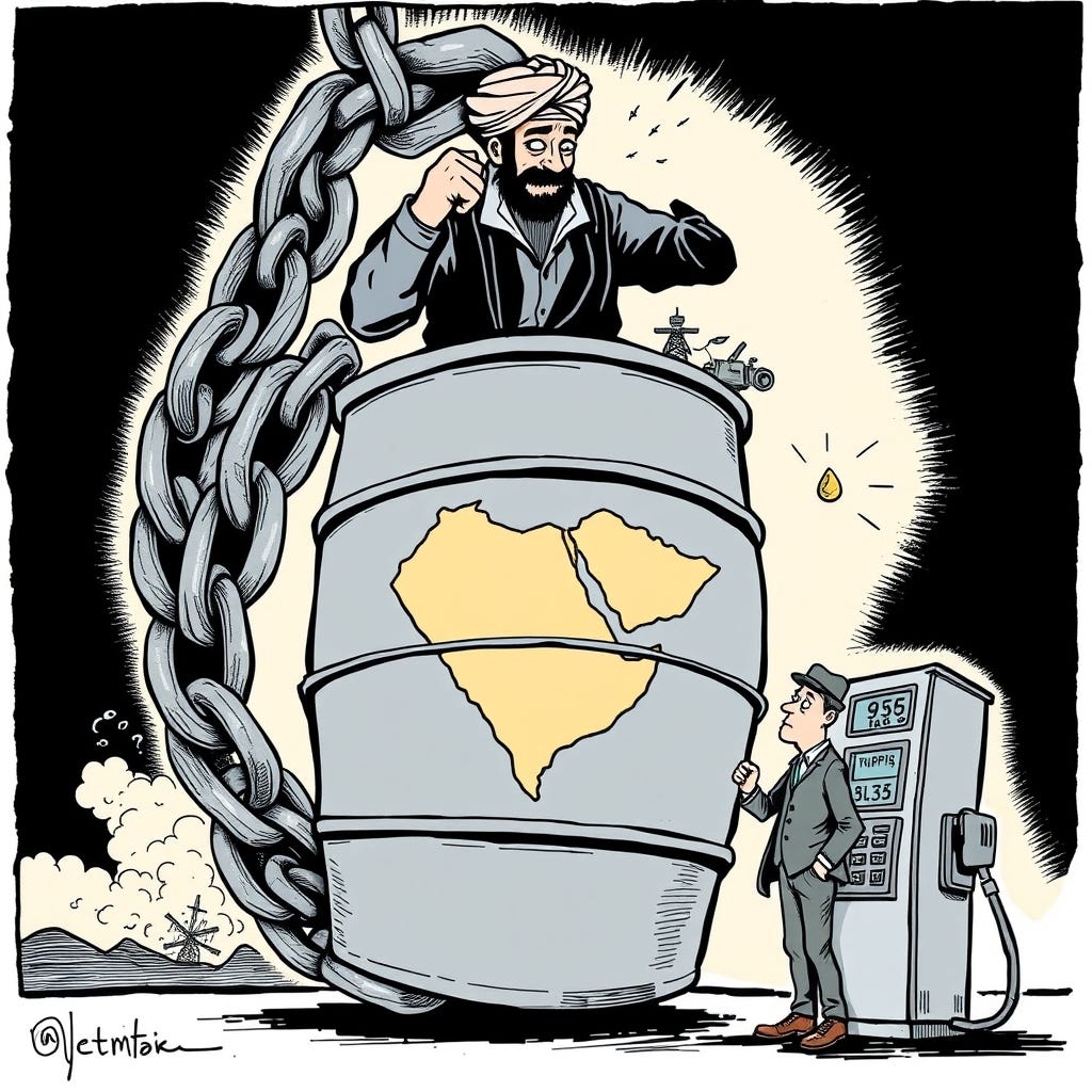 Single-panel editorial cartoon, bold ink linework, flat satirical colors. A massive chain made of interlocked gray warships wraps around a giant oil barrel shaped like a globe centered on a Middle Eas