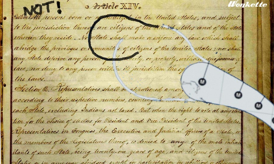 The original handwritten text of the 14th Amendment, overlaid digitally with an image of the 2019 NOAA hurricane forecast that Donald Trump altered with a sharpie to include Alabama in the track of Hurricane Dorian. The circle of the Sharpie-modified curve circles the word 'citizens' and near it, the word 'NOT!' is scrawled in MS-Paint The original handwritten text of the 14th Amendment, overlaid digitally with an image of the 2019 NOAA hurricane forecast that Donald Trump altered with a sharpie to include Alabama in the track of Hurricane Dorian. The circle of the Sharpie-modified curve circles the word 'citizens' and near it, the word 'NOT!' is scrawled in MS-Paint